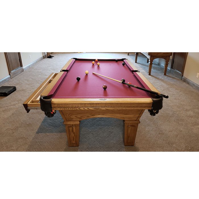 Olhausen Billiards Augusta Pool Table Medium Natural Finish Drawer Open Red Cloth