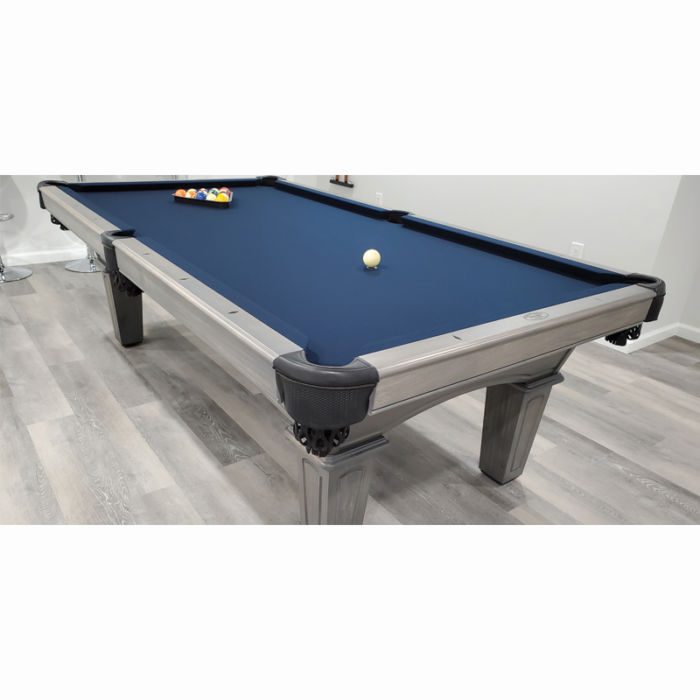 Olhausen Billiards Belmont Pool Table Matte Fossil Gray Finish on Tulipwood Electric Blue Cloth