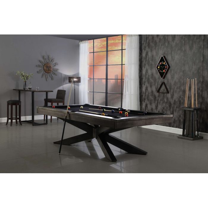 Plank and Hide Felix Pool Table Gunmetal Gray Finish Full View Room Set Up