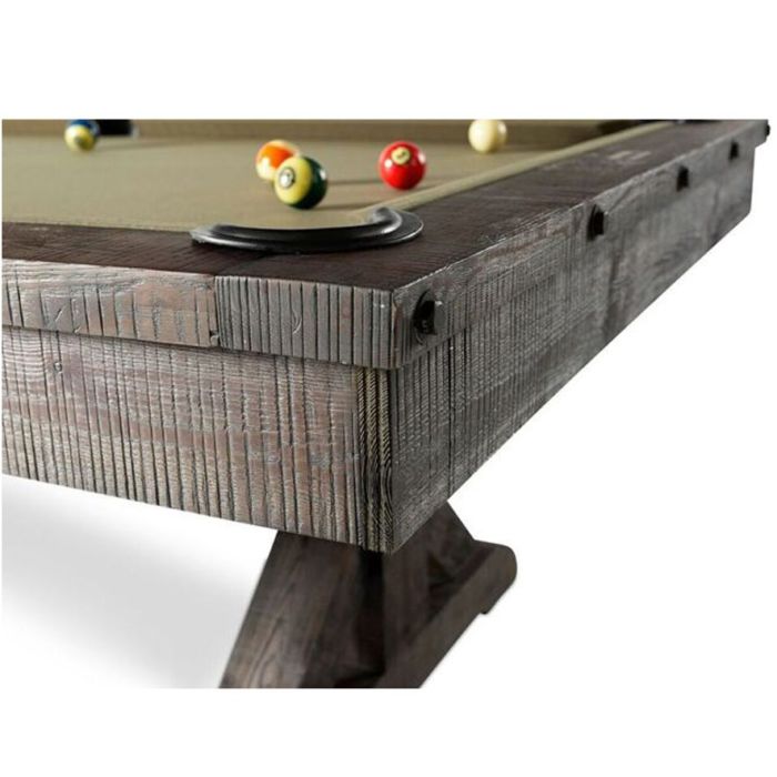 Plank and Hide Otis Pool Table Weathered Grey Stain on Douglas Fir Distressed Wood and Apron Detail