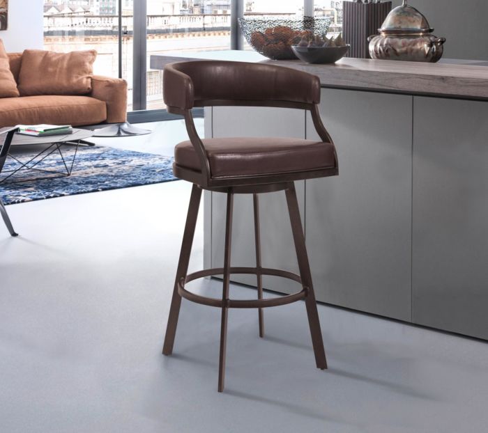 Armen Living Saturn 26 Counter Height Swivel Brown Faux Leather and Auburn Bay Metal Bar Stool LCSNBAABBR26