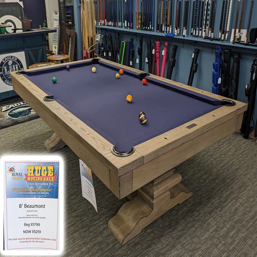 Plank and Hide Beaumont Royal Billiard Markdown Moving sale
